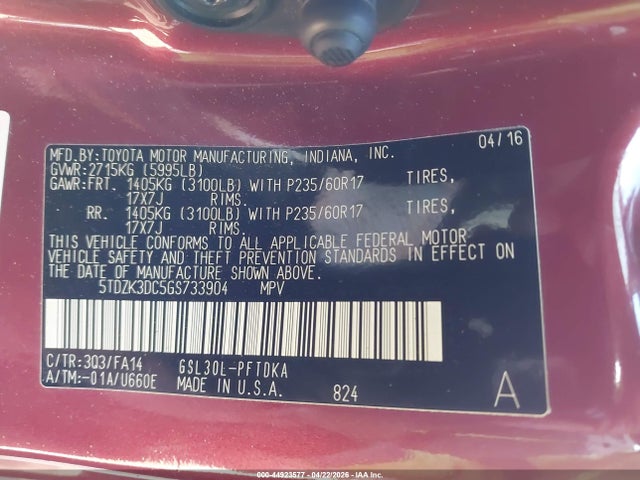 Toyota Sienna L 7 Passenger